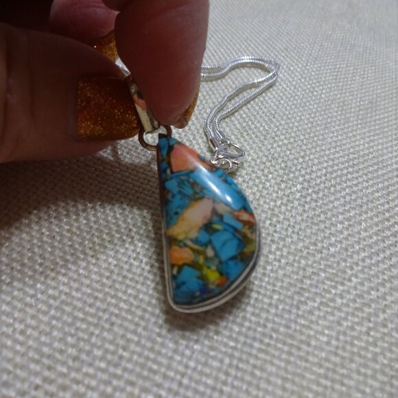 Beautiful OYSTER TURQUOISE Handmade Sterling 925 Pendant/Chain #598C - Picture 1 of 3